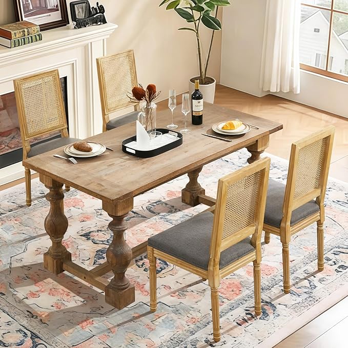 Dining Chairs Set of 4 for Dining Room & Kitchen, French Country Rattan Cane Back Chairs with Linen Upholstered Seat and S-Spring Support, Dark Gray