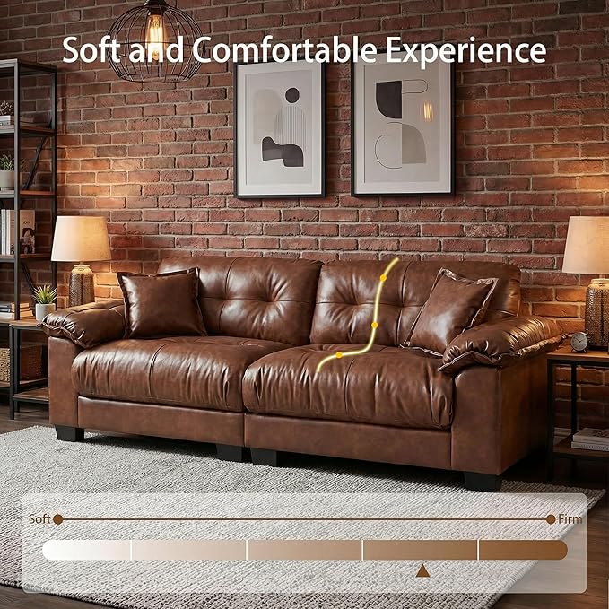 Faux Leather Sofa, Mid Century Modern Deep Loveseats, Comfy Cloud Couch, Tufted Pillow Top Arm Furniture for Living Room, Apartment, Cognac Brown