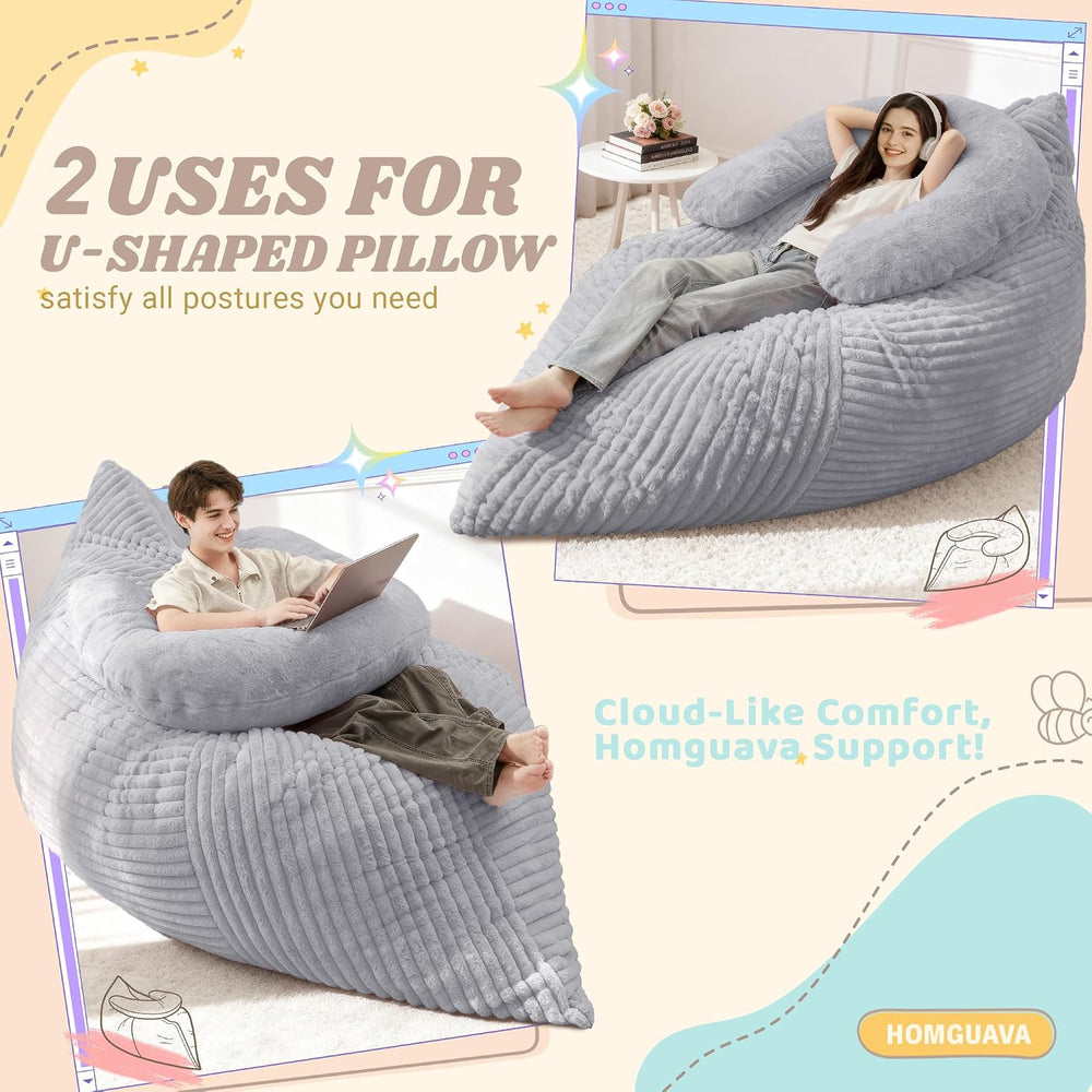 Homguava Giant Bean Bag Chair for Adults with Pillow, 4 in 1 Convertible Floo...