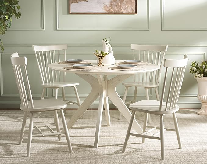 SAFAVIEH Home Collection Parker Farmhouse Off-White Spindle Windsor Solid Wood Dining Chair Set of 4