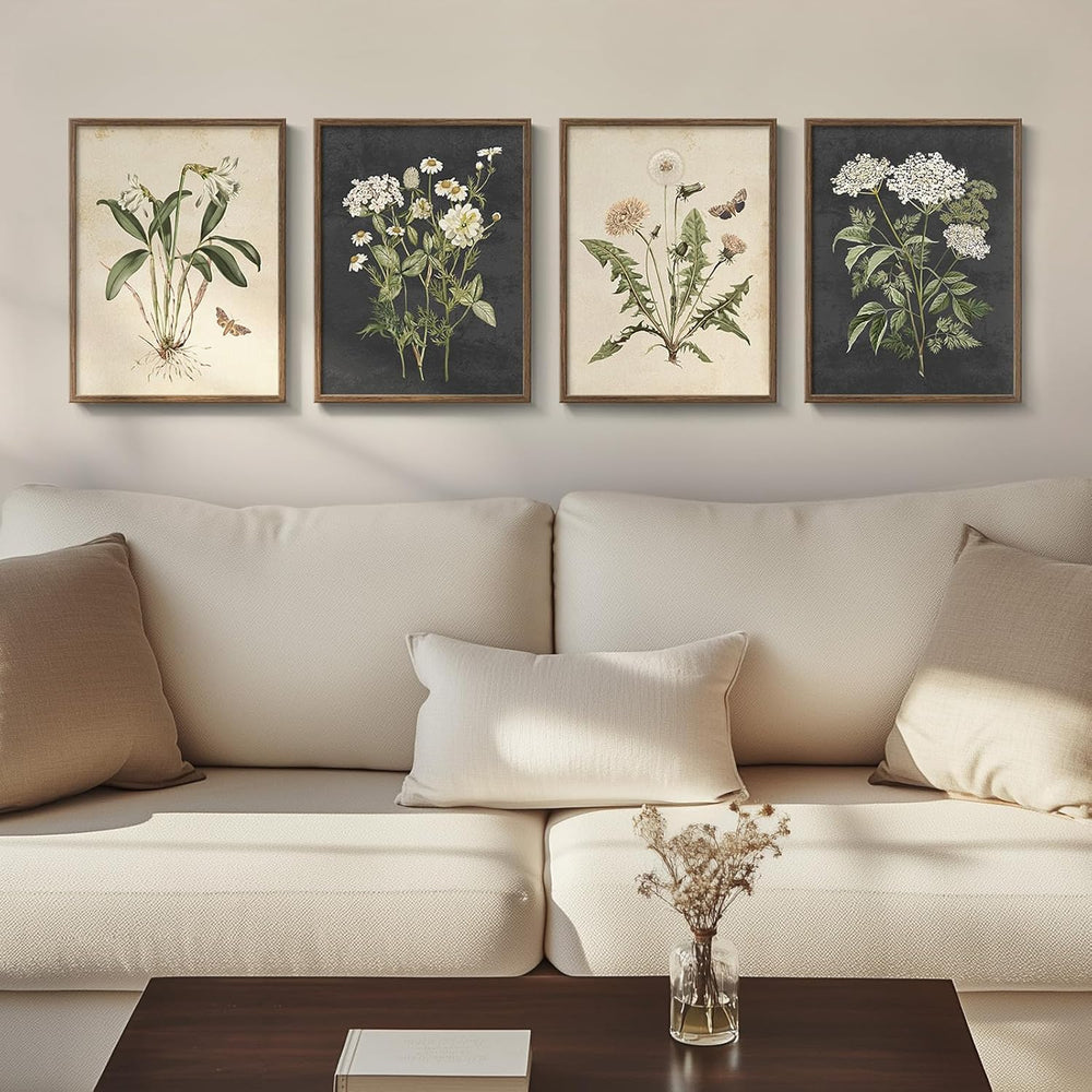 Framed Vintage Botanical Floral Wall Art for Living Room, 4 Piece 12x16 In