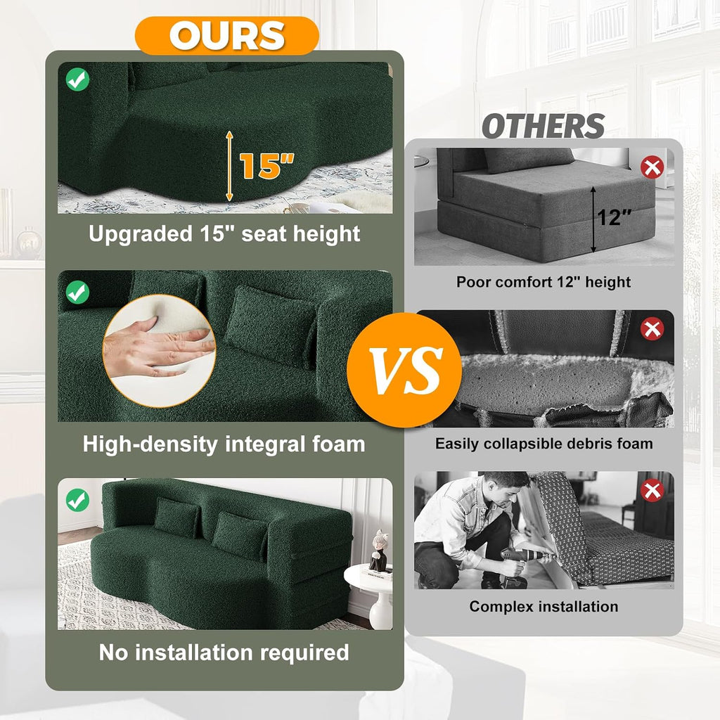 78" Convertible Folding Sofa Bed, 2-in-1 Full Size Floor Boneless Couch Bed, Loveseat sleeper Couch , Teddy Floor Sofa, Memory Foam Sleeper SofaBed, Small couches for small spaces, No Assembly (Green)