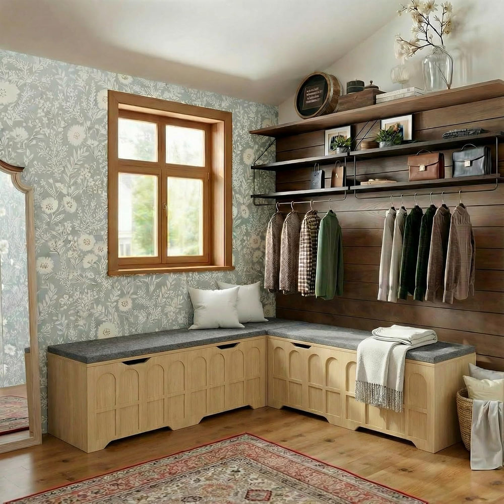 63" L-Shaped Bench with Cushion & Arched Doors, Breakfast Nook Bench...