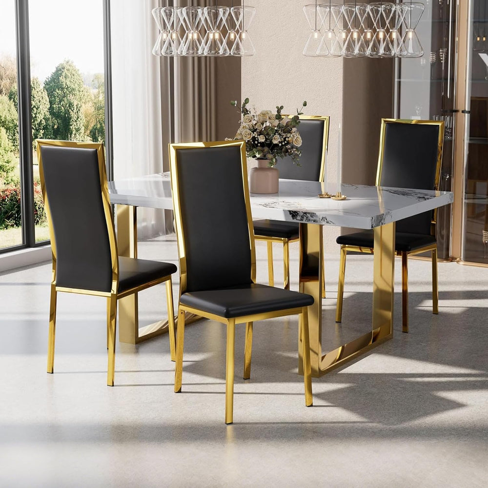 Modern Dining Chairs Set of 4, Black Faux Leather with Chrome Gold Metal Legs...