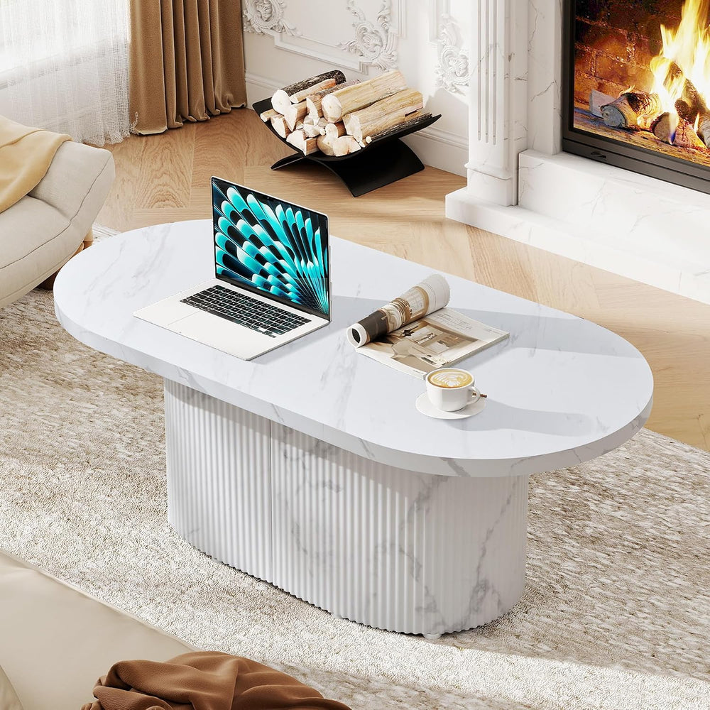 Modern 42.5" Oval Faux Marble Coffee Table, White Fluted Textured Base L...