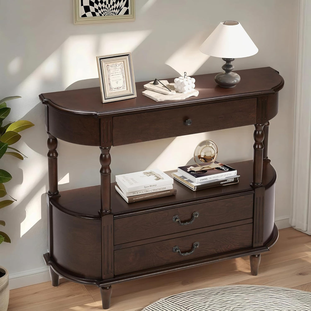 LKTART 43" Half Moon Console Table, Solid Wood Retro Curved Console Tabl...