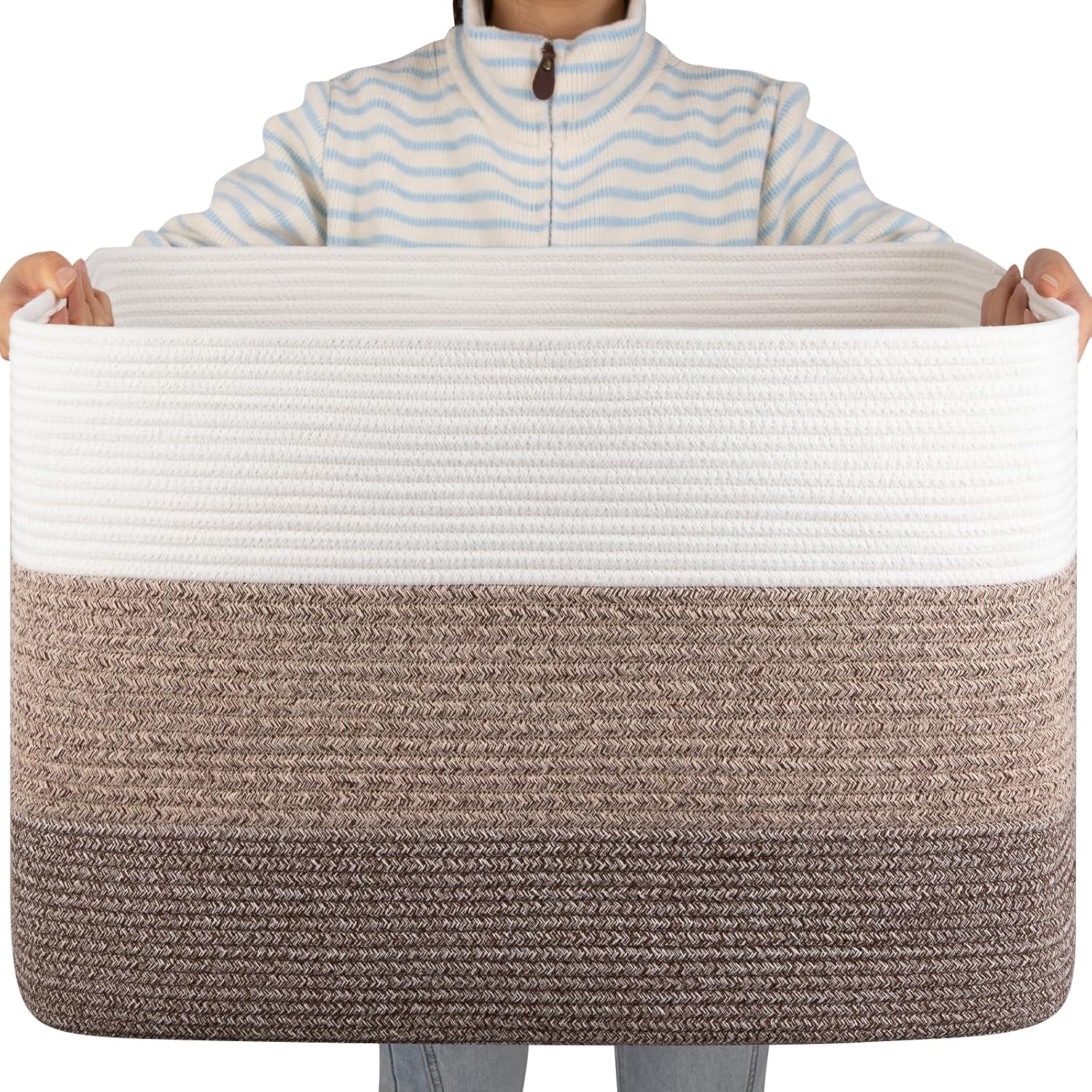 OIAHOMY 108L Super Large Blanket Basket, 25”x16”x16”(108L) Rectangle Woven Baskets for Storage, Cotton Rope Basket For Living Room, Toy Storage with Handle- Gradient Dark Brown