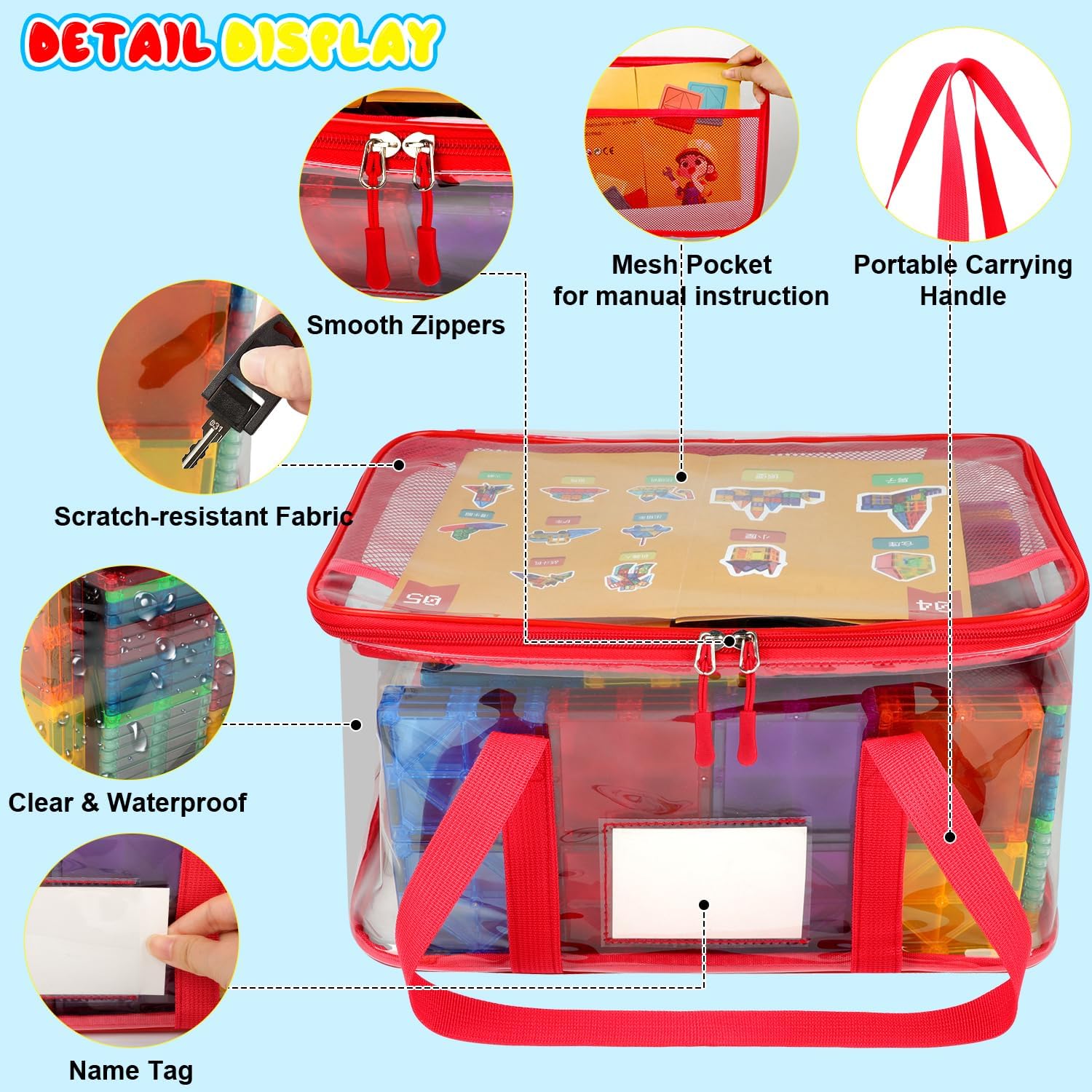 4 Pack Magnetic Tiles Storage Bag with Manual Pocket& Name Tag, Whole Clear PVC Magnetictiles Organizer Case for Magnetic Tiles, Building Blocks, Toy Cars, Board Game, Puzzle (Colorful)