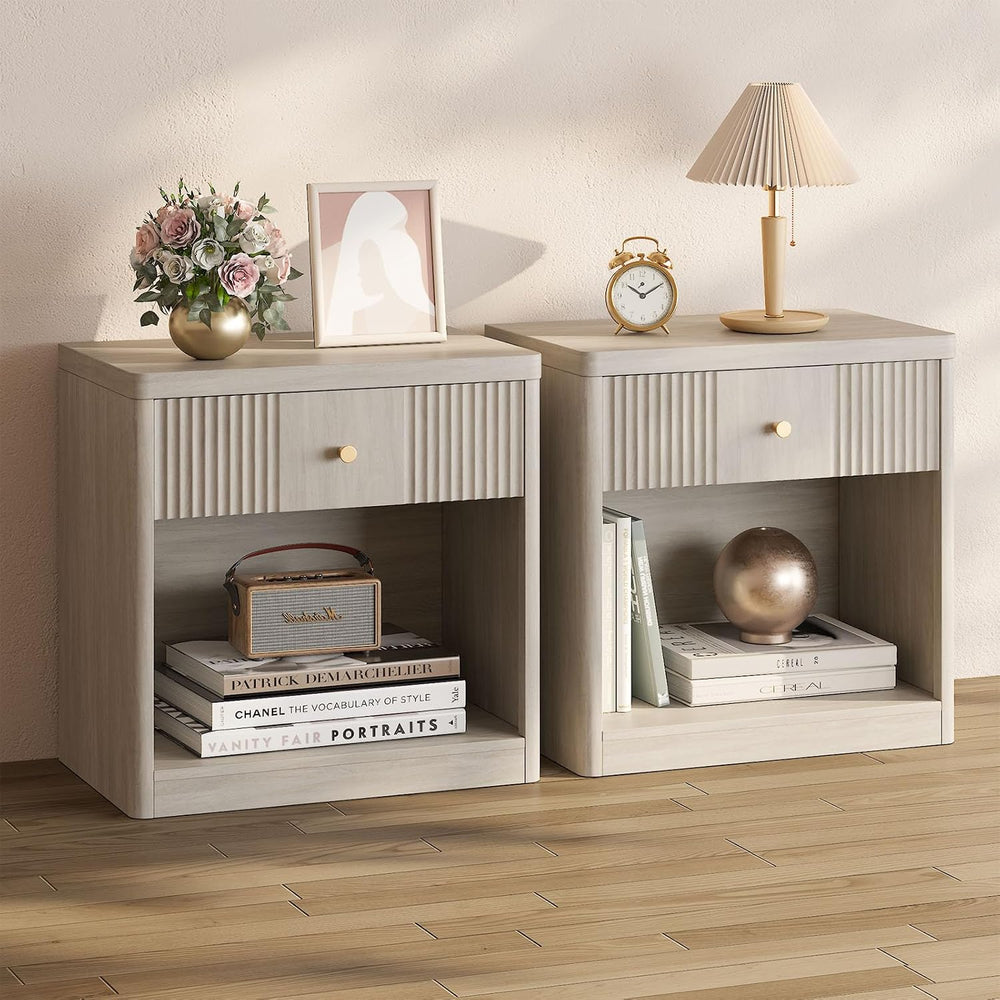 Memobarco Night Stand Set of 2, Fluted Nightstands with Drawer, White Alder |...