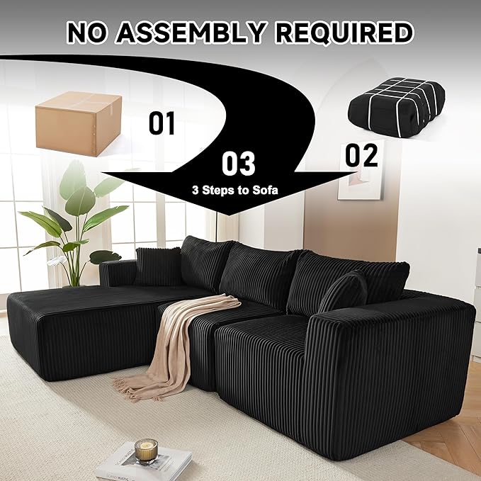 97" Modular Sectional Sofa, L-Shaped Boneless Couch with Deep Seat, Cozy Cloud Couch Sectional with Convertible Ottoman, Modern Sectional Couches for Living Room（ Black）