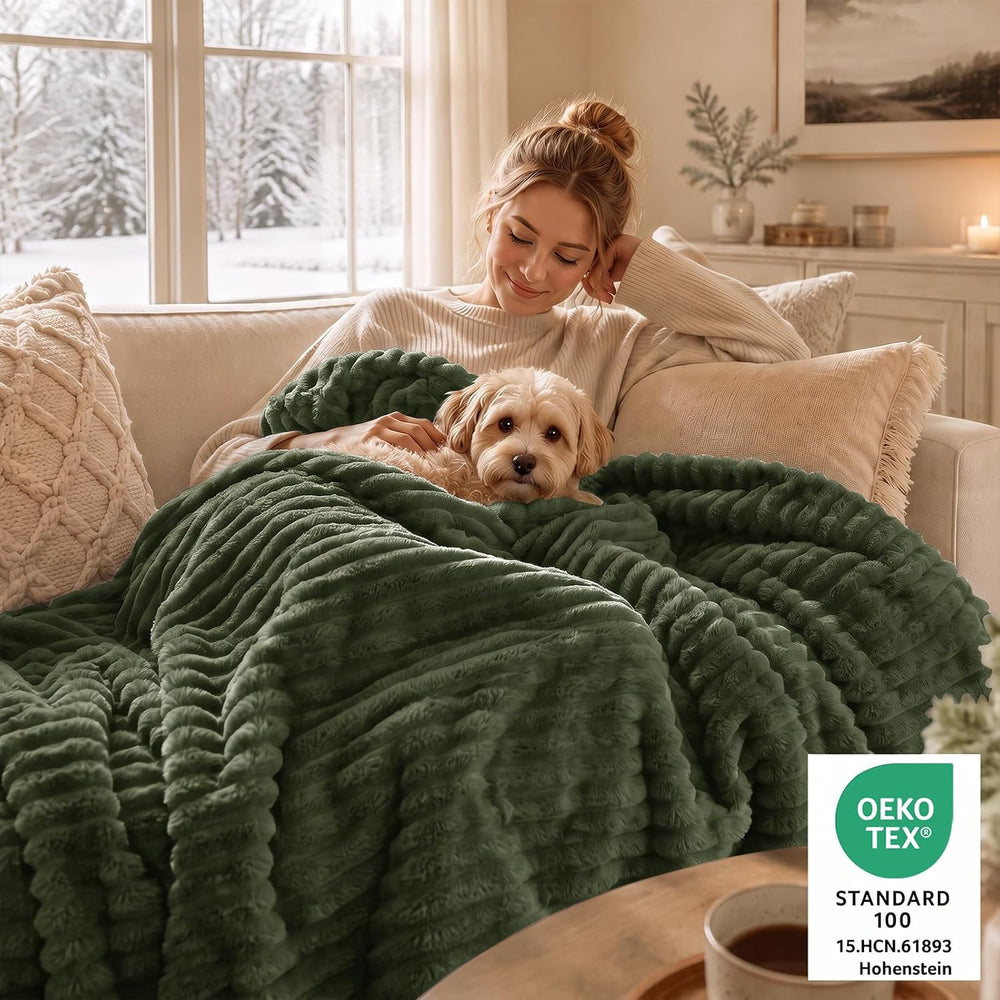 CozyLux Fleece King Size Comforter Set, 3 Piece Warm Olive Green Bedding