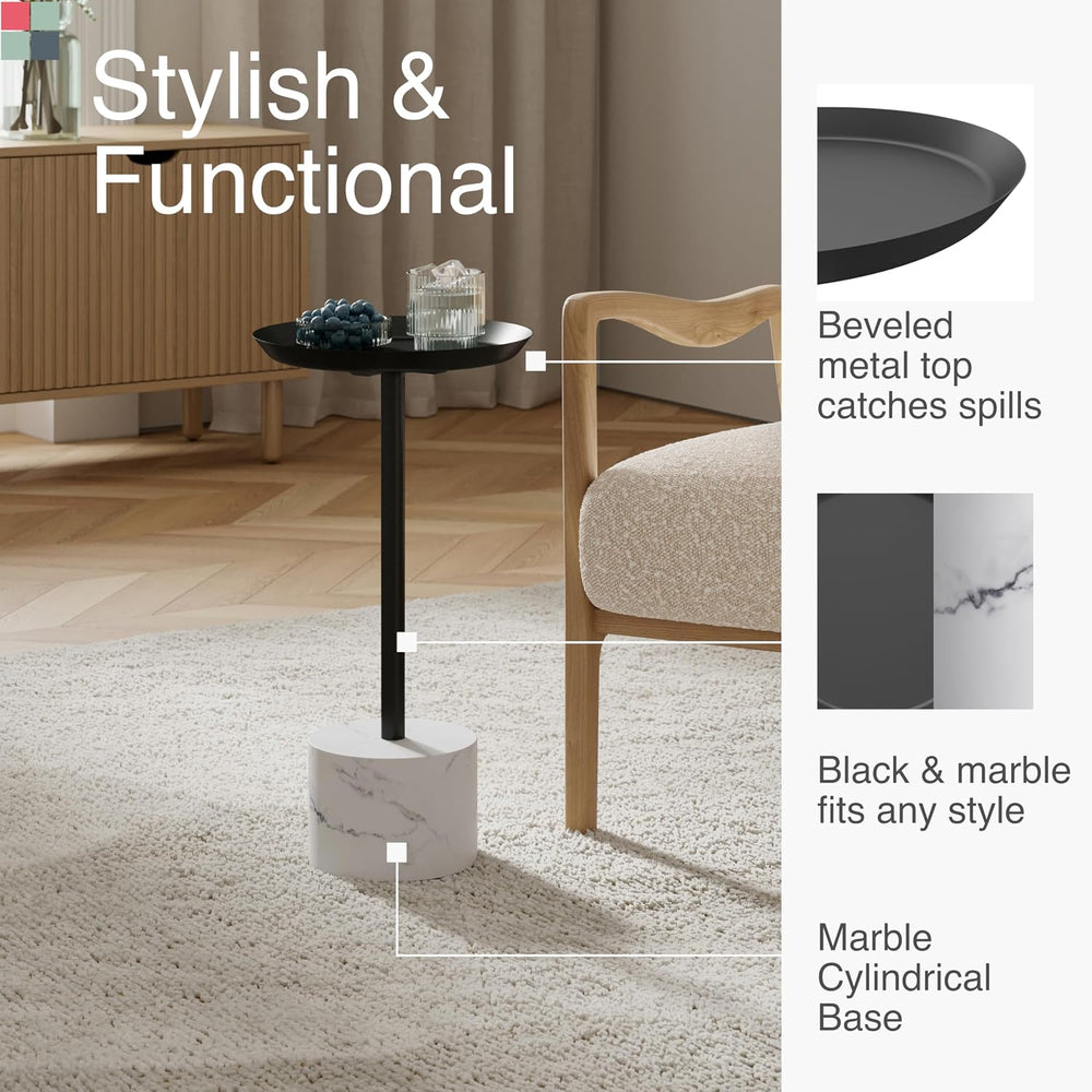 Round Metal Drink Table with Black Top and Faux Marble Base – Small Pedestal ...