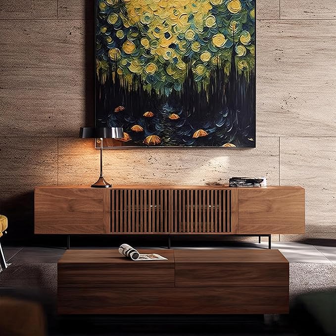 Mid Century Modern TV Stand with 4 Doors, 94.48 Inch Wide Entertainment Center TV Console for Living Room Bedroom, Media Console TV Cabinet with Storage Walnut