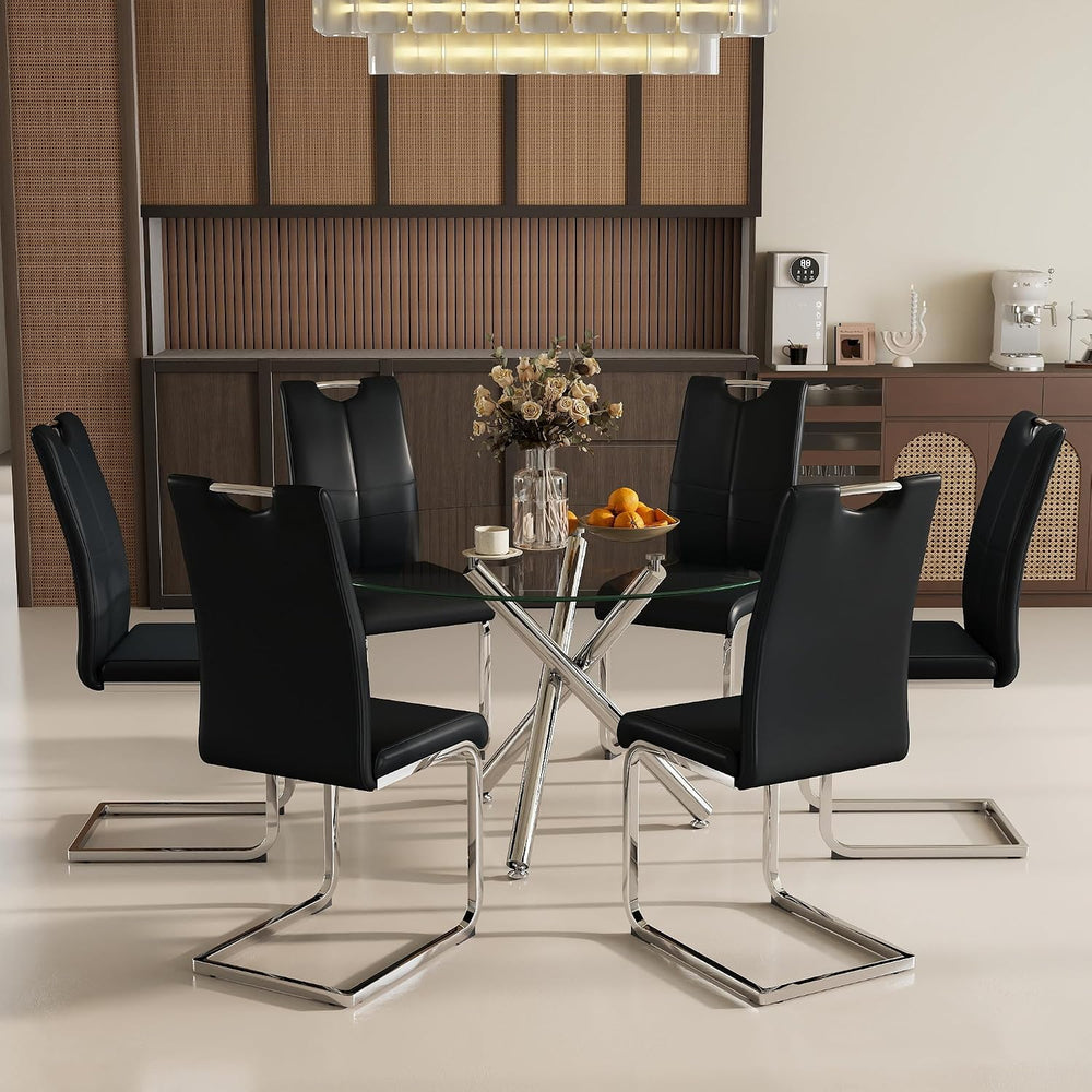 Modern Luxury Round Glass Dining Set for 6, 7 Pieces Clear Circle Glass Kitch...