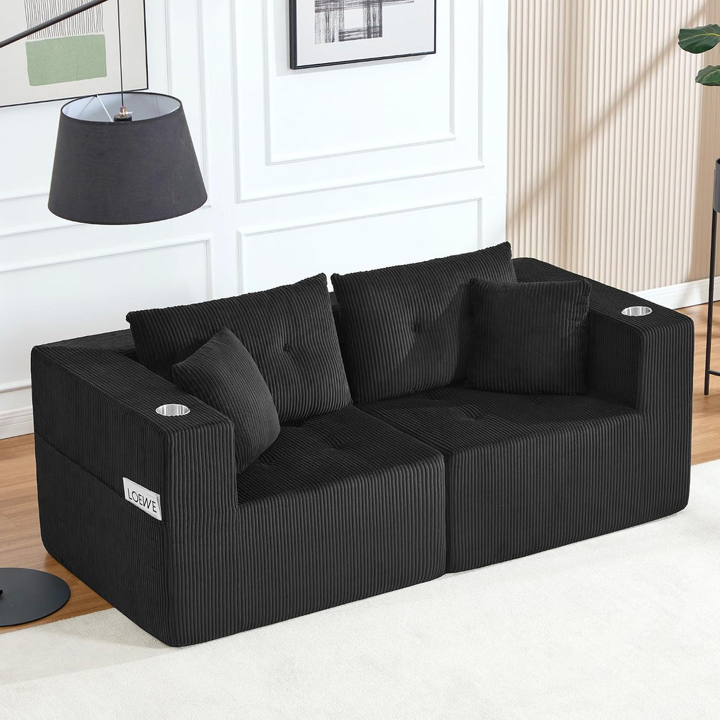 73" Loveseat Modular Sectional Sofa, Oversized 2-Seater Boneless Tufted Cloud Couch with Cup Holder, Corduroy Upholstery Small Couches for Living Room, No Assembly Black