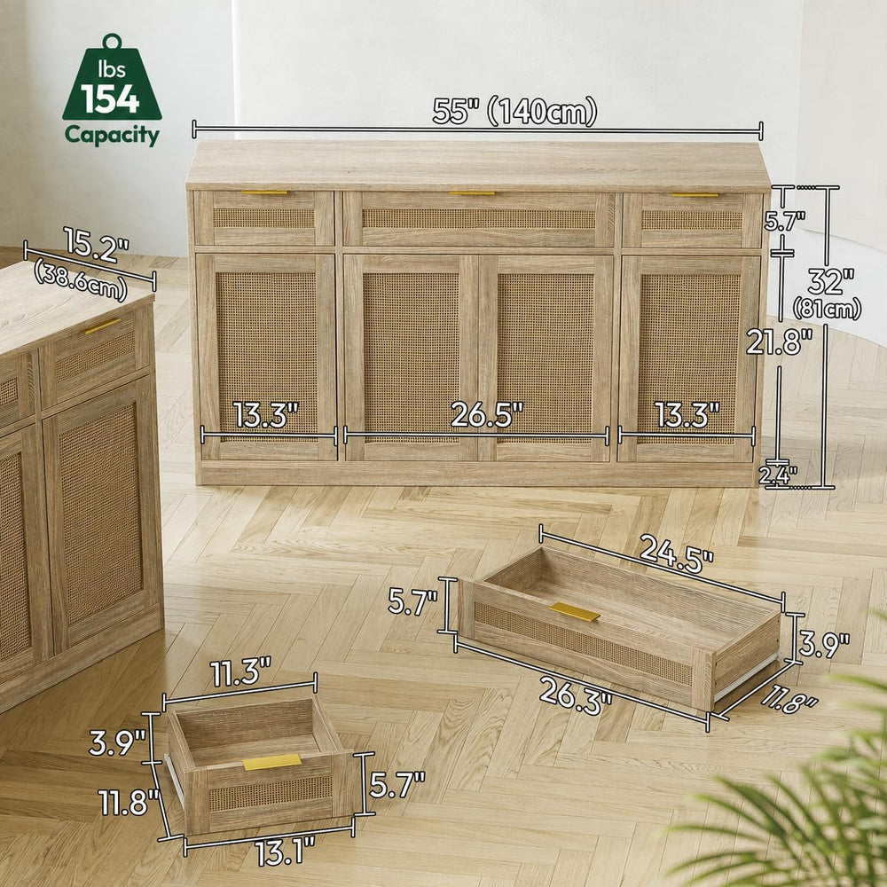 TIQLAB 55" Rattan Sideboard Buffet Cabinet with Storage, 4 Doors Credenz...