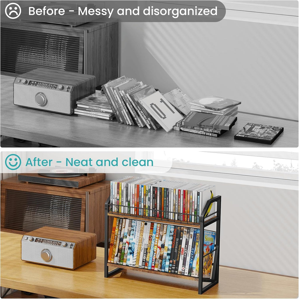 ELITEROO 2 Tier CD Holder, Wooden DVD Storage Rack, Tilting CD Organizer Tower for Display, CD Case Shelf Holds Up to Standard 80 CDs or 56 DVDs, Desktop DVD Stand for Music Enthusiasts, Rustic Brown