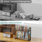 ELITEROO 2 Tier CD Holder, Wooden DVD Storage Rack, Tilting CD Organizer Tower for Display, CD Case Shelf Holds Up to Standard 80 CDs or 56 DVDs, Desktop DVD Stand for Music Enthusiasts, Rustic Brown