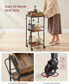 VASAGLE Kitchen Serving Cart with Removable Tray, 3-Tier Kitchen Utility Cart on Wheels with Storage, with Brakes, Leveling Feet, 11.8 x 13.7 x 33.9 Inches, Rustic Brown and Black ULRC062B01
