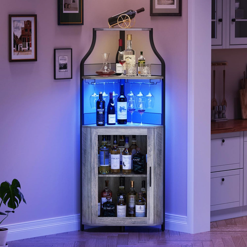 GAOMON Corner Bar Cabinet with LED Strip and Glass Holder, Industrial Wine Ca...