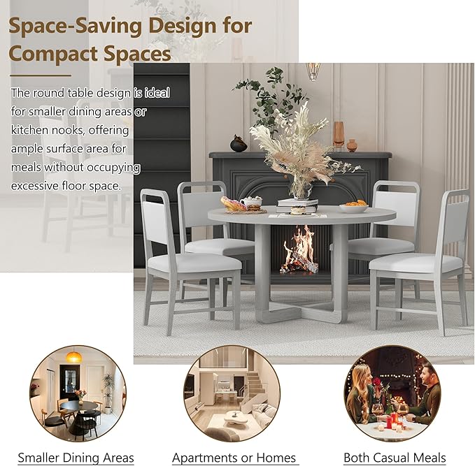Merax 5-Piece Retro Dining Set, Round Table Top with Radial Wood Grain Design and 4 Upholstered Chairs for Dining Room and Kitchen, Antique Gray