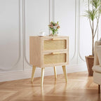 Rattan Nightstand Set of 2,Side Table with Hand Made Rattan Decorated Drawers,Boho Bedside Table,Wood Accent Table with Storage for Small Space,Livingroom, Bedroom, Natural CTG59Y-2