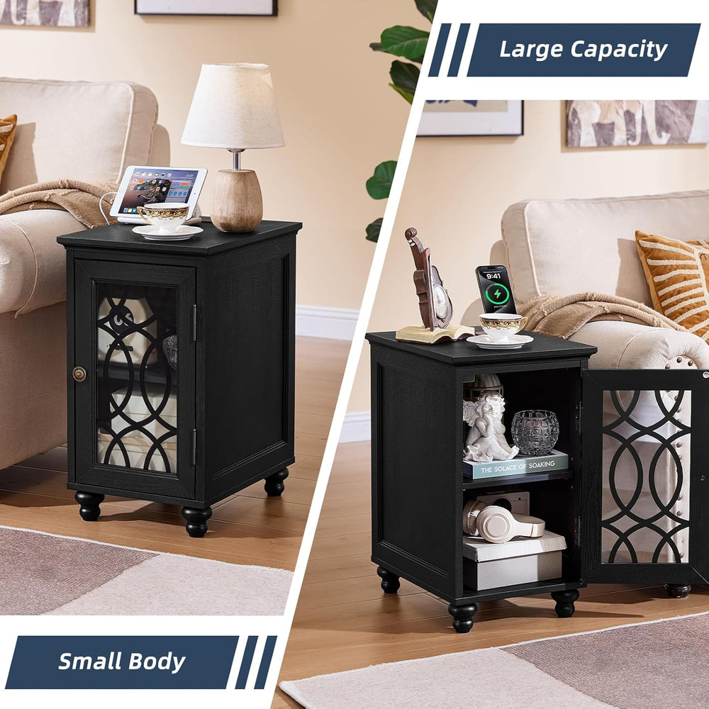 Joaxswe Narrow Side Table with Charging Station Set of 2, Night Stand with Gl...