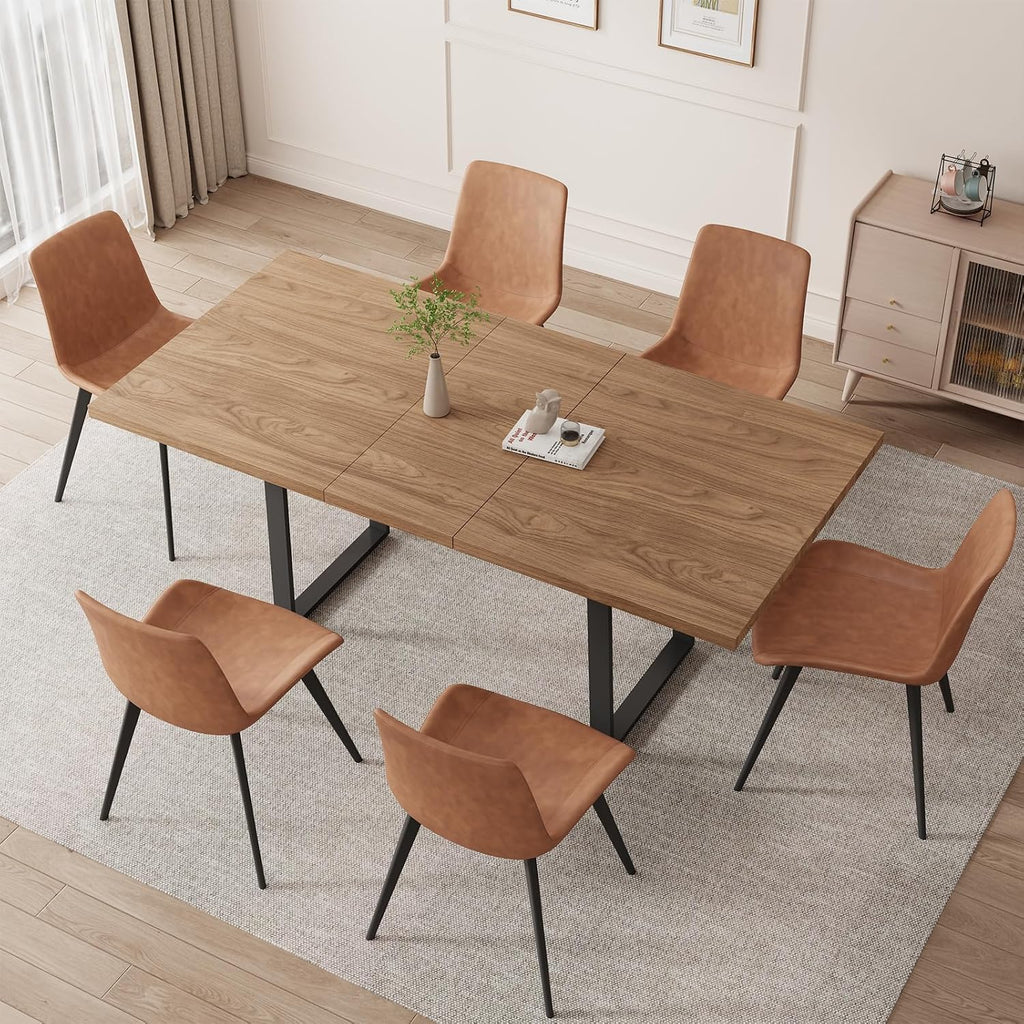 ZckyCine Mid-Century Extendable Dining Table Set, 51"-67", 6 Upholstered Chairs