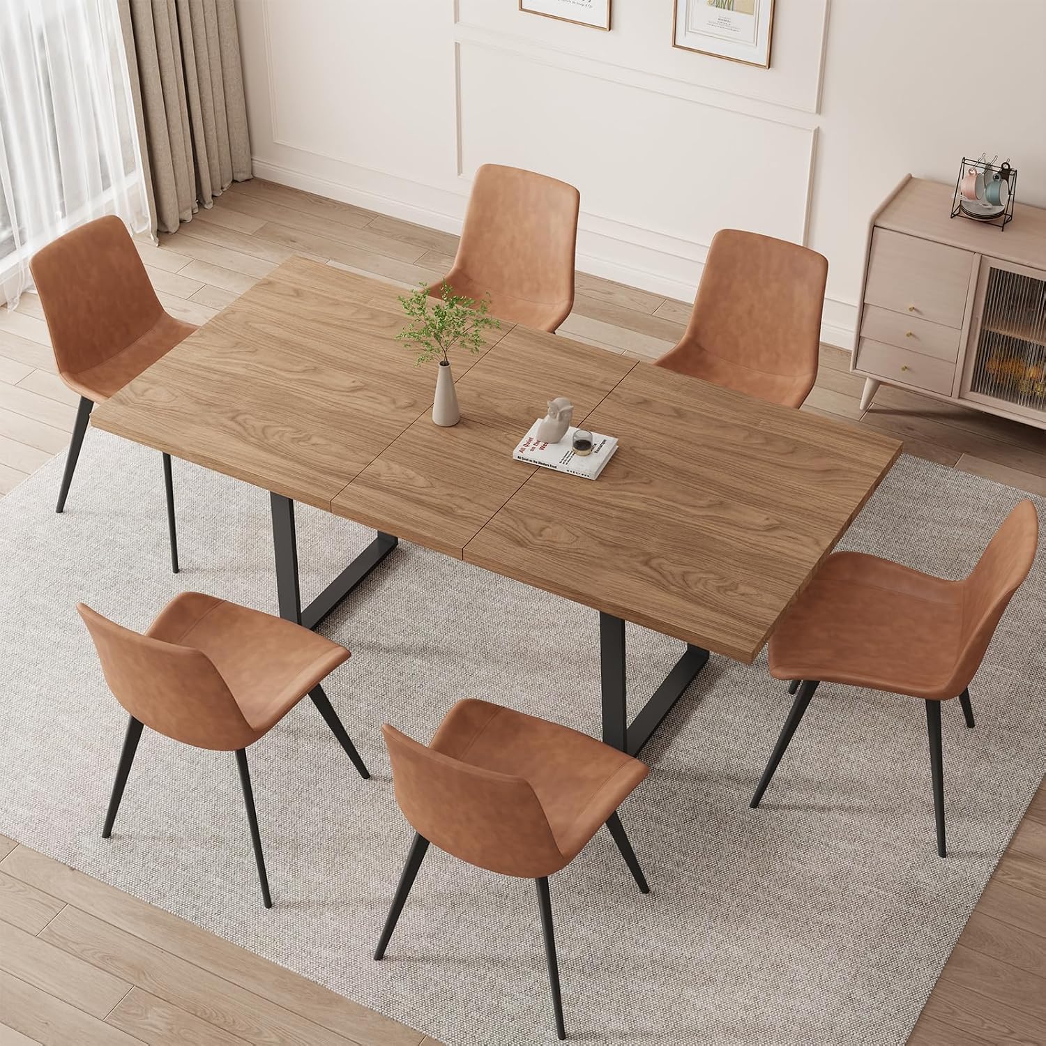 ZckyCine Mid-Century Extendable Dining Table Set, 51"-67", 6 Upholstered Chairs