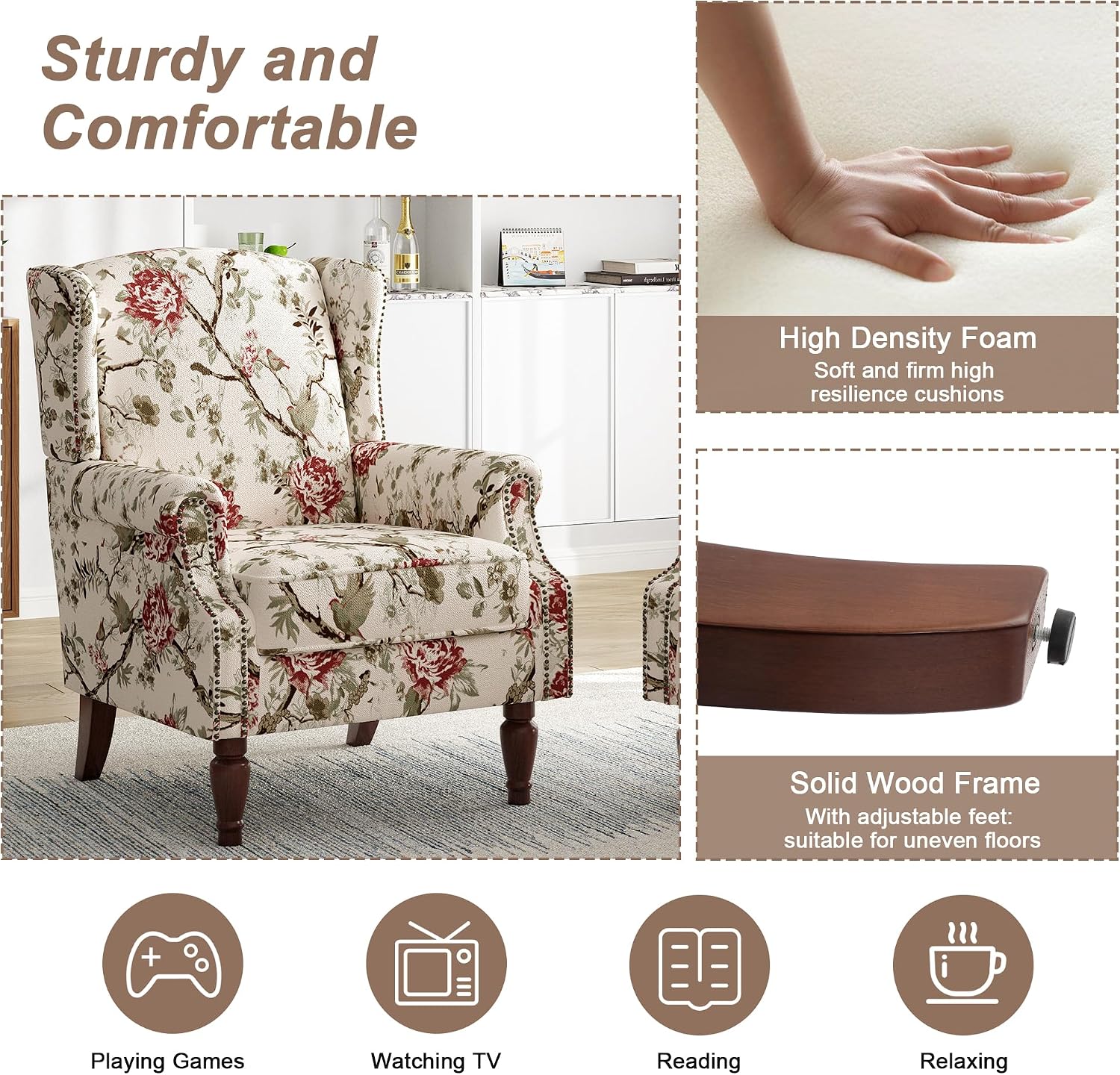 High Back Floral Accent Chair - Retro Wingback Upholstered Armchair with Nailhead Trim, Solid Wood Legs, Fabric Living Room Bedroom Reading Chair (Flower Beige)