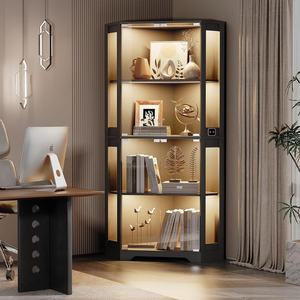 BROTTAR Lighted Corner Display Cabinet with Glass Doors for Collectibles