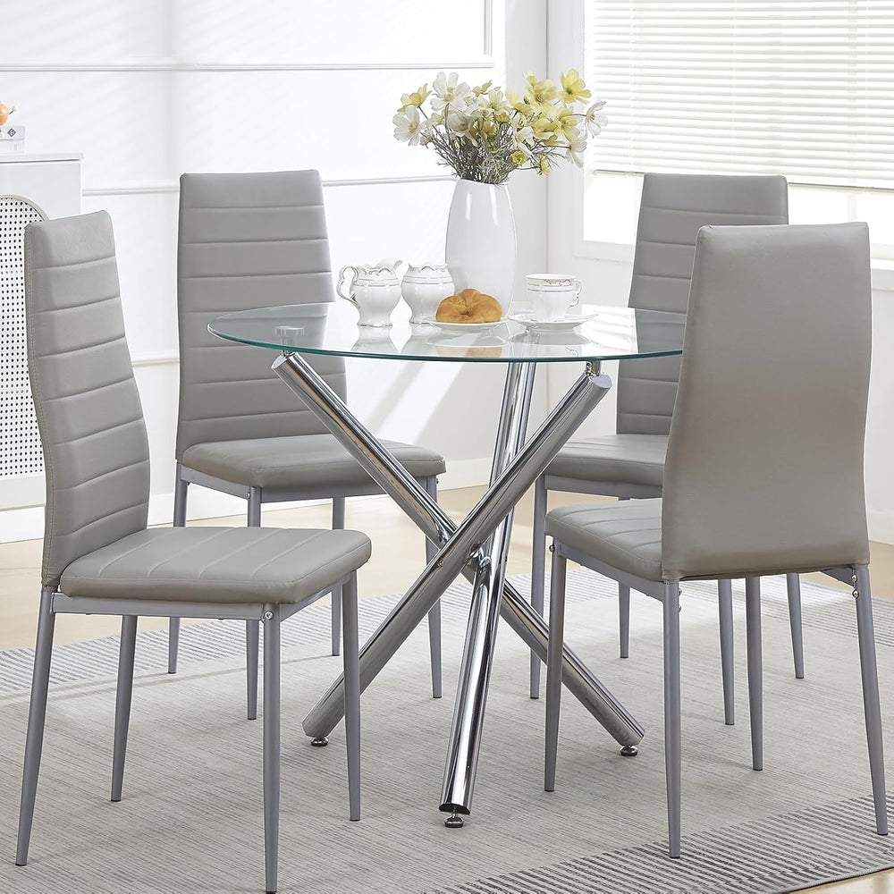 Round Glass Dining Room Set for 4 Modern Clear Silver Kitchen Table and Faux ...