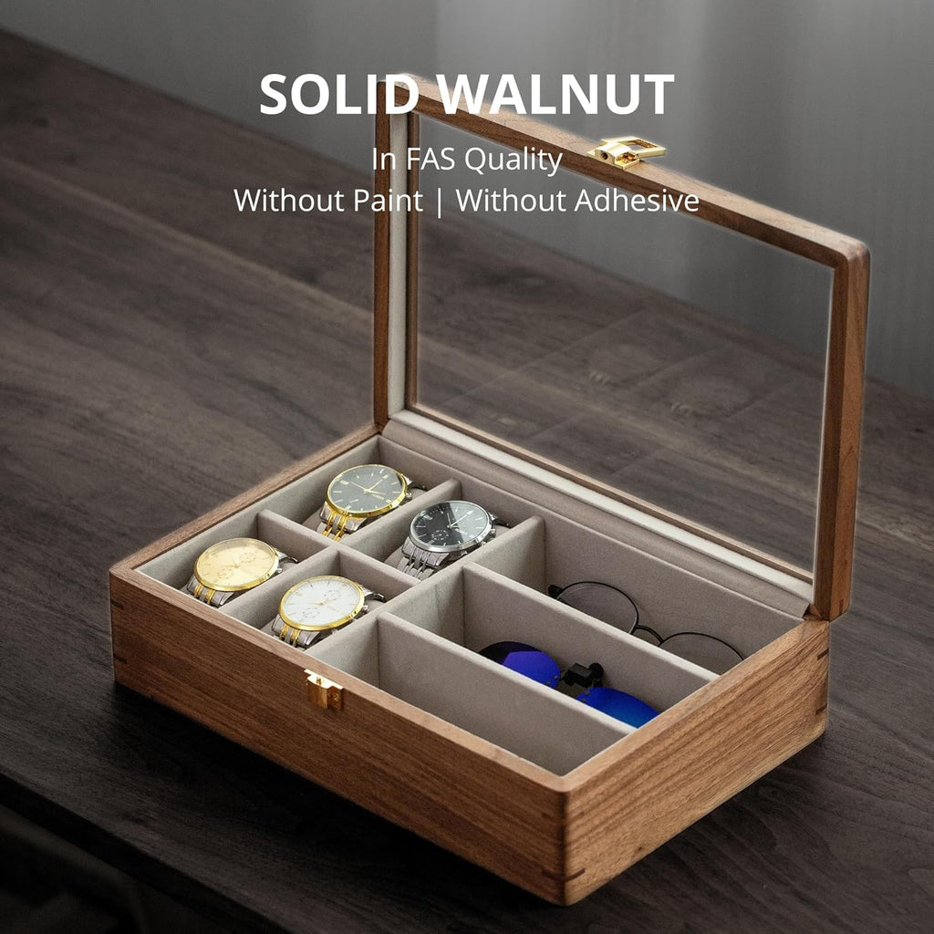 Muso Wood 7 Slot Men's Walnut Watch Box with Glass Lid, Watch and Sunglasses Organizer, Father's Day Gift - Brown