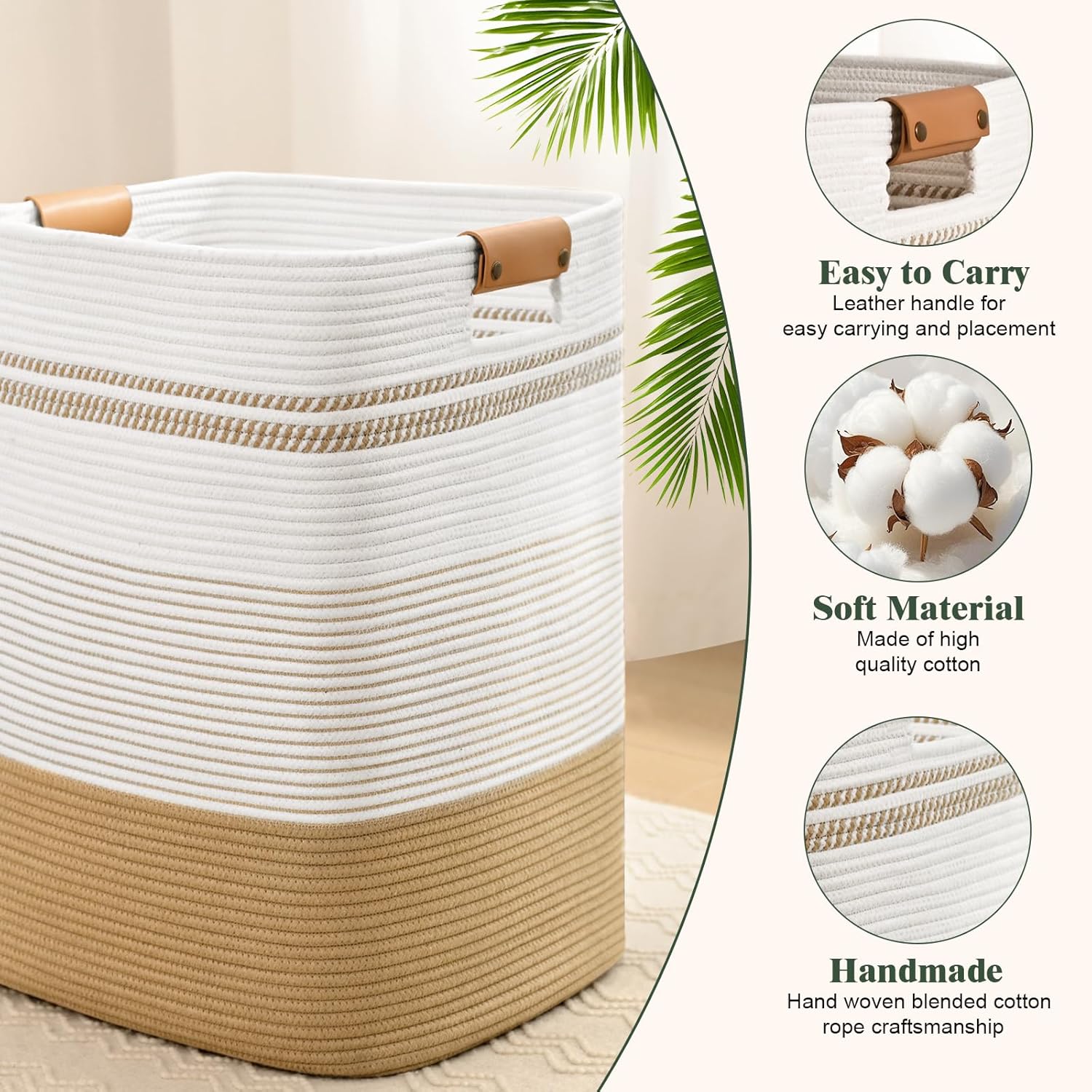 Laundry Hamper, 95L Tall Laundry Basket with Leather Handles, Rectangle Large Clothes Hamper for Organizing, Cotton Woven Laundry Baskets Storage Hampers for Bedroom, Nursery, Living Room