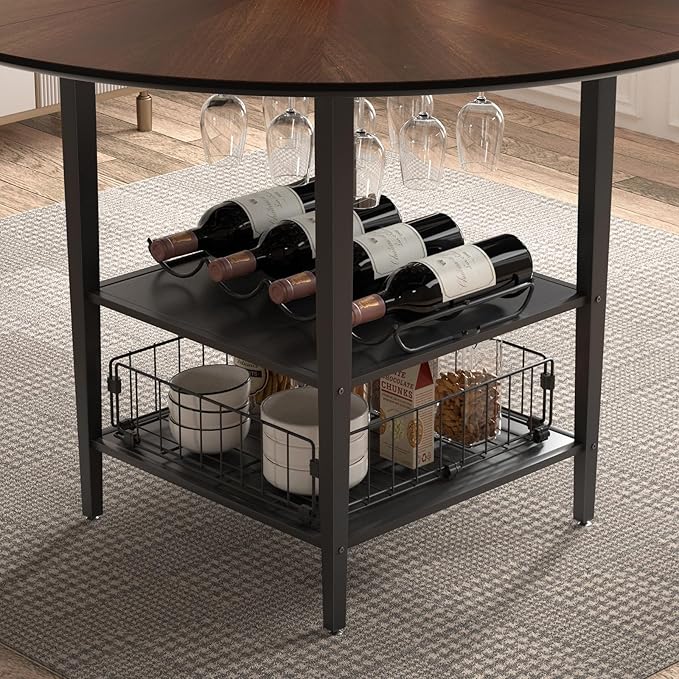 VFK 47" Round Dining Table Set with Storage Steel Legs & Sunburst Design, 5-Piece Modern Wooden Kitchen Set for 4-6 People, Includes 4 Comfortable Chairs for Dining Room, Living Room or Kitchen