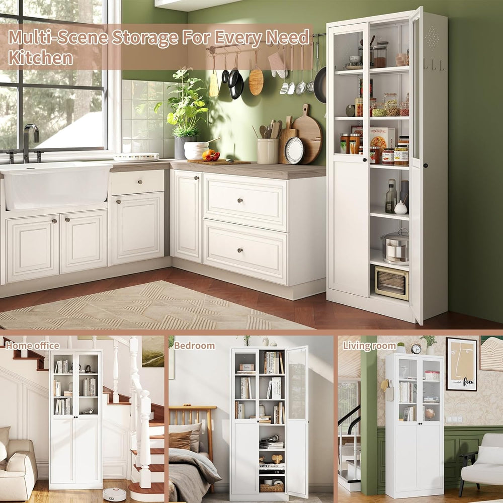 34.6" White Metal Pantry Cabinet with Adjustable Shelves, Freestanding K...