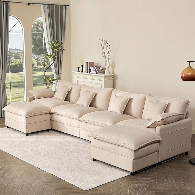 142.5" U Shaped Couch, Modular Sectional Sofa, 3-Seater Comfy Cloud Couch, Set of Modular Pieces with Movable Ottoman, Deep Seat Couches for Living Room, Linen, Beige