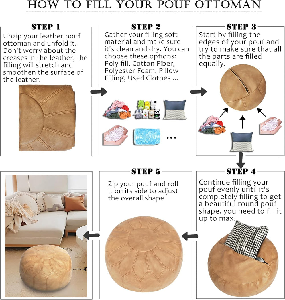 Thgonwid Unstuffed Moroccan Faux Leather Pouf Ottoman Cover with Storage - Bo...