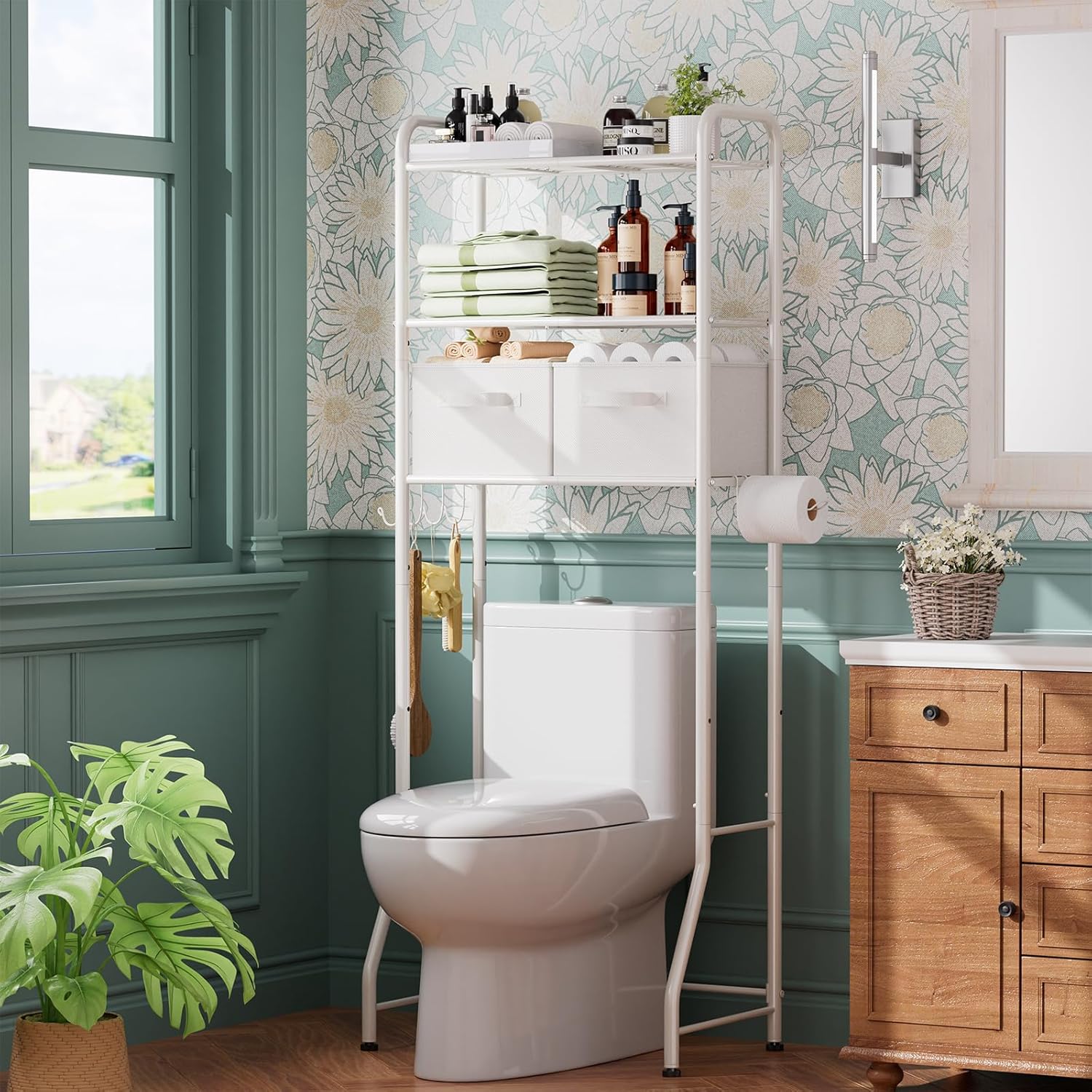 Simple Trending Over The Toilet Storage Rack with Drawers, Metal 3 Tier Bathroom Organizer Shelf with Paper Holder and 3 Hooks, White