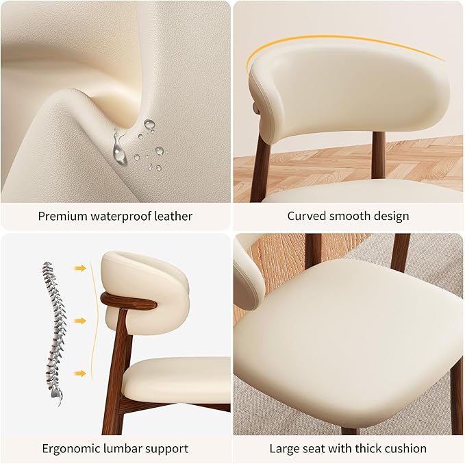 Kitchen Dining Chairs Set of 2 Modern Upholstered Leather Farmhouse Dining Room Chair with Metal Legs, Walnut/Beige