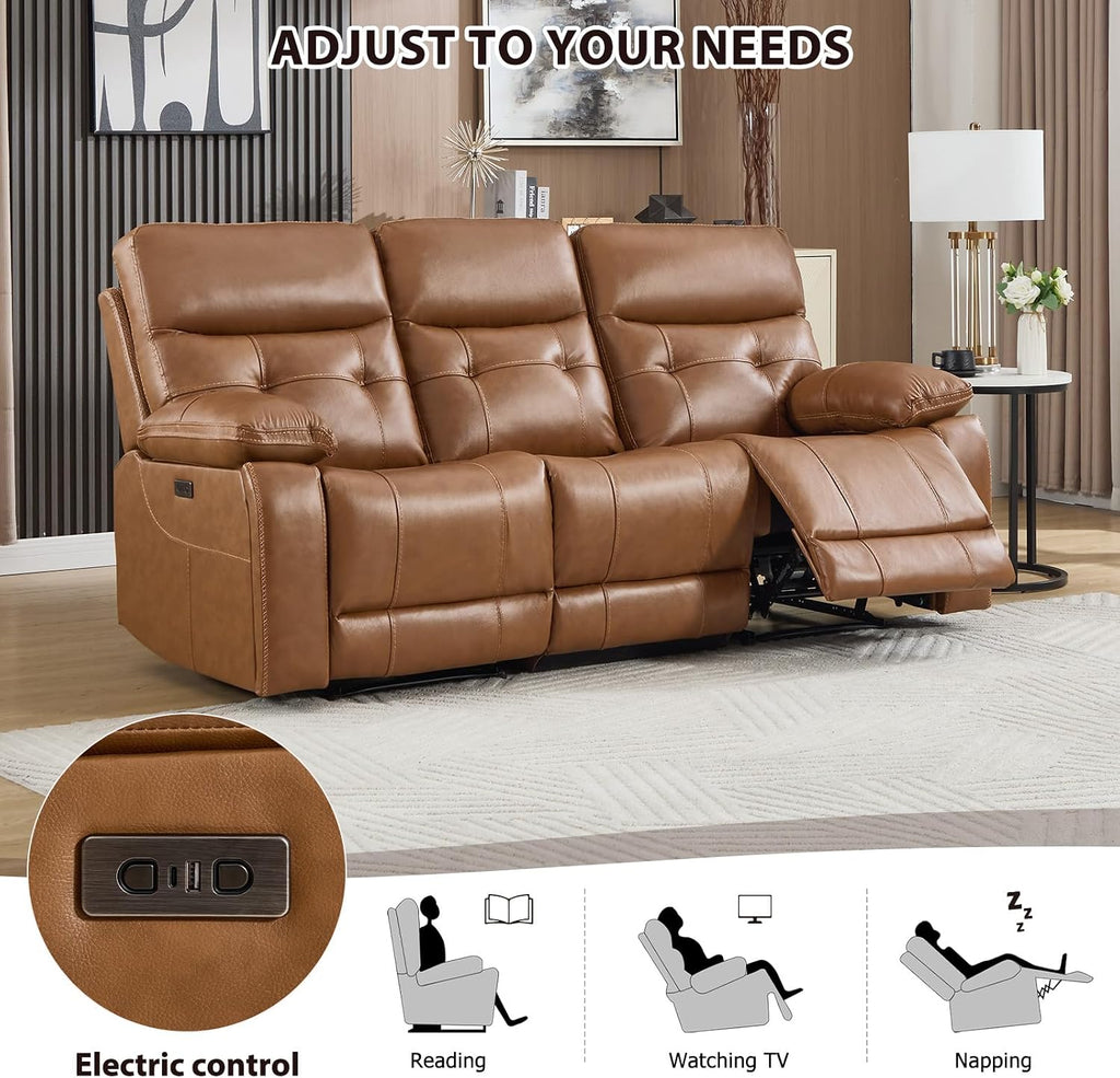 Genuine Leather Power Recliner Sofa,3 Seater Reclining Sofa with Comfortable Arms and Back,Modern Electric Recliner Couch Set with Hidden Cup Holders,USB Port for Living Room,Brown