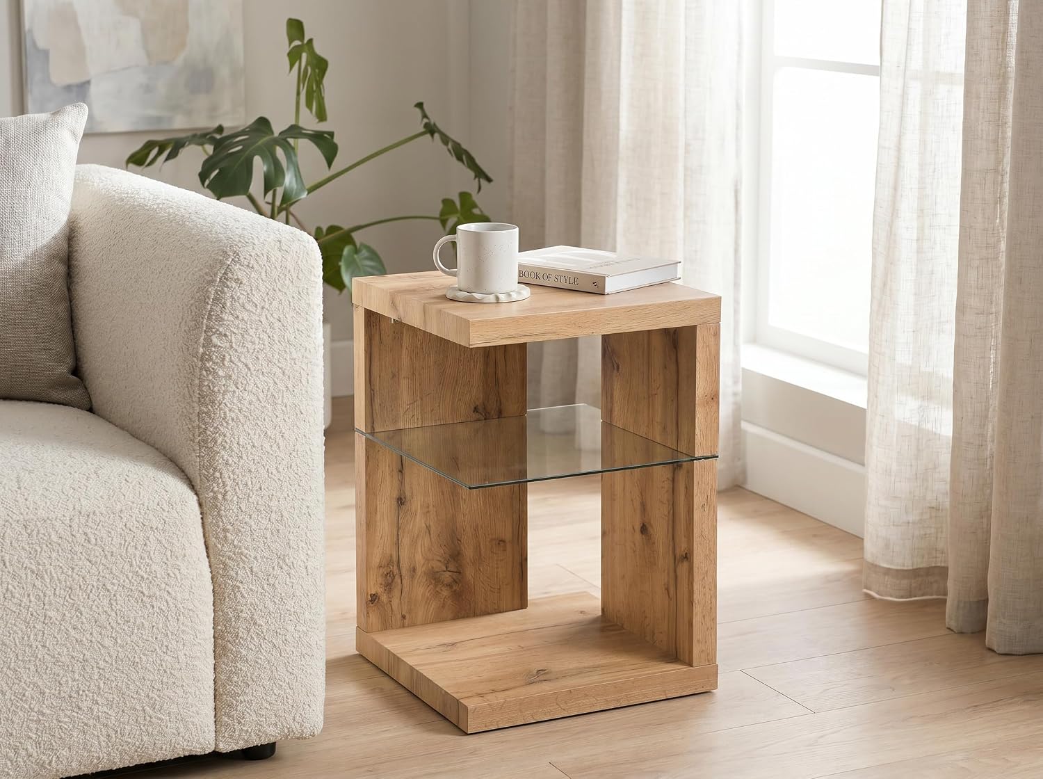 Domingo Side Table/Bedside Table MDF Safety Glass Wild Oak 40 x 40 x 60 cm