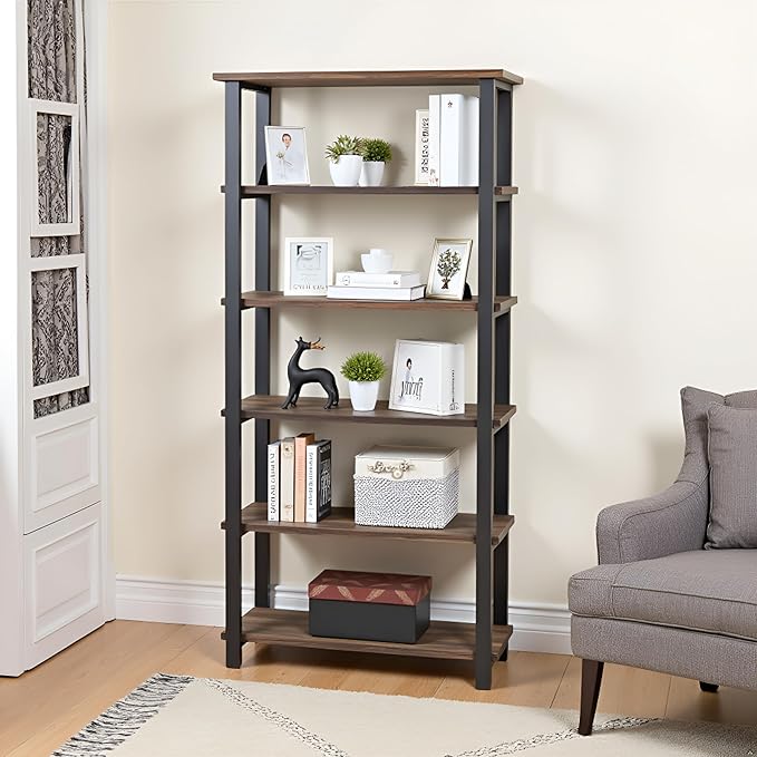 Pomona 6-Tier Bookcase – 70" Tall Solid Wood with Metal Frame Bookshelf – Durable Industrial Storage for Home Office, Living Room, or Bedroom by Alaterre Furniture (Brown Lacquer Finish)