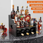 KLM 4-Tier Wood Display Shelf, Black Modern Bottle Organizer, Countertop Bar Stand for Liquor, Coffee Syrup, (Black)