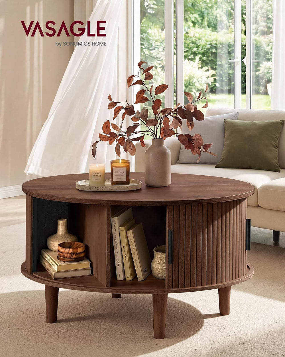 VASAGLE Round Coffee Table, Lift Top Coffee Table with Tambour Sliding Door