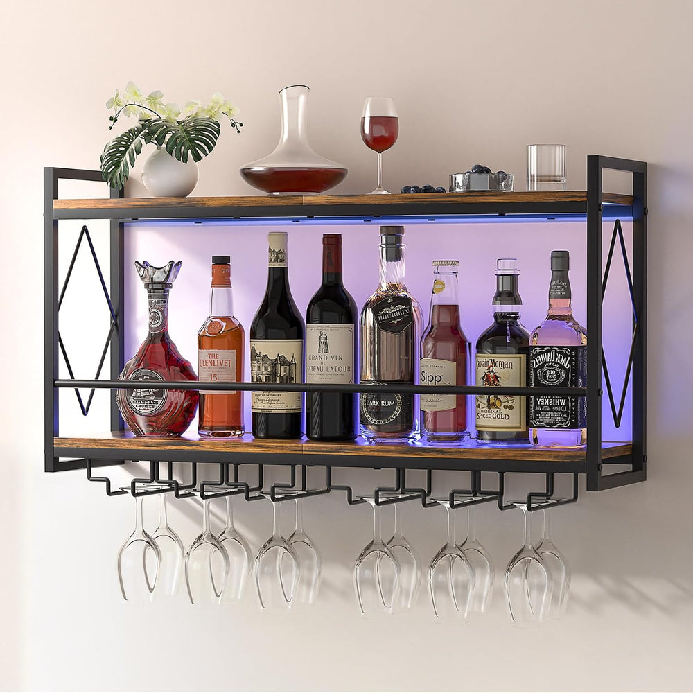 Wine Rack Wall Mounted Wine Glass Rack With LED For Home Bar Storage | 31.5 I...