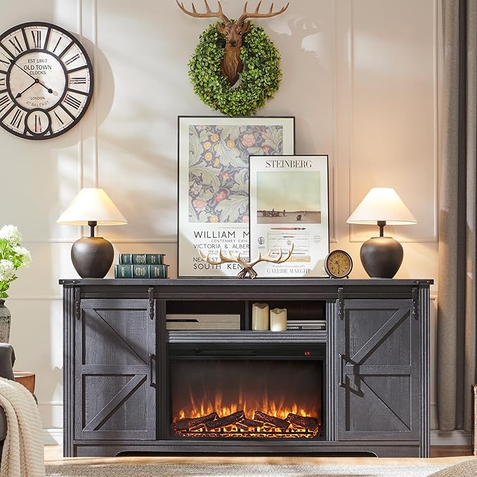 JXQTLINGMU Farmhouse Fireplace TV Stand for 80 Inch TV, 32" Tall Entertainment Center w/Drawer & Sliding Barn Door, 70 Inch Highboy Media Console for Living Room, Black