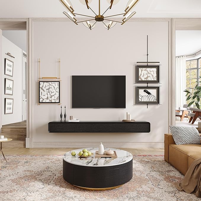 POVISON Fully-Assembled Minimalist Floating TV Stand, Modern Wall-Mounted Entertainment Center with 4 Flip-Down Cabinet Doors, Solid Wood Media Console, Black Oak, 94"