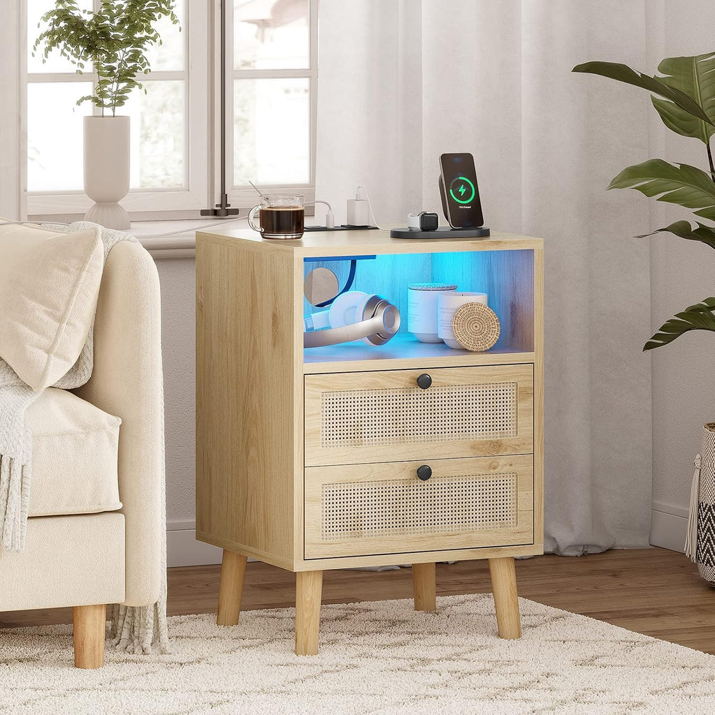 AOGLLATI Rattan Nightstands Set of 2 with Charging Station and LED, Boho Night Stand with 2 Drawers and Open Storage, Boho Wood Bedside Table for Bedroom
