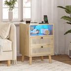 AOGLLATI Rattan Nightstands Set of 2 with Charging Station and LED, Boho Night Stand with 2 Drawers and Open Storage, Boho Wood Bedside Table for Bedroom